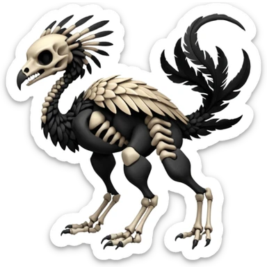Rare realistic dark edgy evil tribal patterned feathered skeletal badass epic handsome gorgeous aesthetic black-skulled Vernid-Trico-species-Fakemon-creature by LiLaiRa, 4 legs, 1 tail, random markings, (full body) sticker