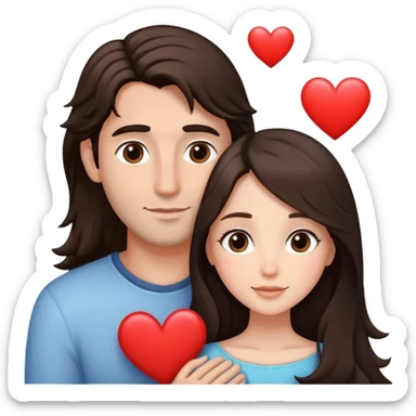 A couple embracing, man with light mestizo skin and straight dark brown hair, woman with fair skin and long slightly wavy dark brown hair, with white hearts around them sticker