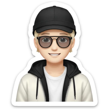 Portrait of a male K-pop idol, white skin, wearing a stylish streetwear outfit with layered clothing, makeup, wearing a black cap, smiling, sunglasses sticker