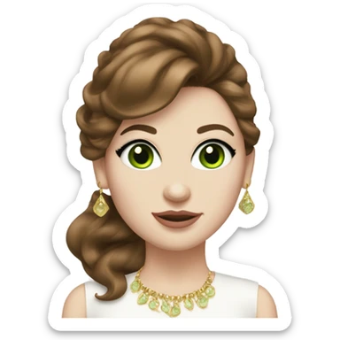 woman, with chestnut brown hair, her hair are a 90s voluminous blowout with curtain bangs, she has very green eyes and a white pale skin, she has pink lipstick on and long lashes, she wears a white to and  gold earrings  sticker