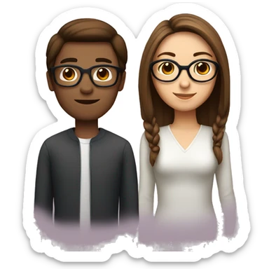 A couple one girl with straight middle length brown hair with glasses round and the guy with brown hair and square red glasses sticker