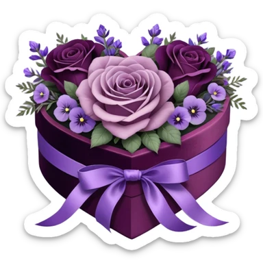 A vintage-inspired heart-shaped velvet box, wrapped with a rich plum silk ribbon, rests beside a delicate arrangement of soft purple roses, lavender sprigs, and dark amethyst pansies. Under the moonlight, tiny silver stars glimmer on the box’s lid, reflecting the romantic glow of an ornate candlestick standing nearby. sticker