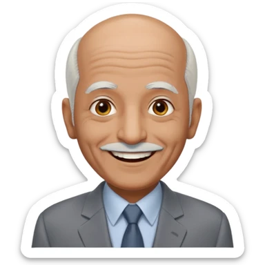 70 yr old man, almost bald, some white hair, pakistani, light grey business suit, big smile, dark skin, no facial hair
 sticker