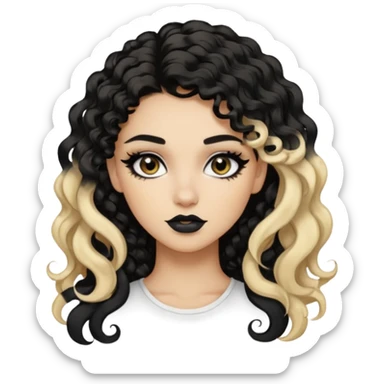 split dye leftside blonde rightside black-brown hair, baddie, pretty makeup, black eyeliner, long and curly hair sticker