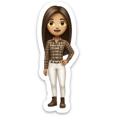 a brunette girl with long straight hair stands in a brown checkered shirt and white pants with a small black handbag sticker