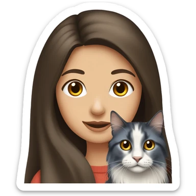 long straight haired blue eyed brunette woman holding norwegian forest cat with amber eyes sticker