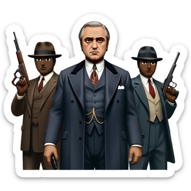 A vintage movie poster-style design featuring Don Vito Corleone surrounded by gangsters with Tommy guns. Include a dark, moody noir atmosphere with skyscrapers of New York in the background. The scene should be tense and mysterious, with a retro cinematic feel. Transparent background. sticker