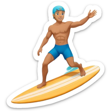 human male surfer riding a turquoise wave, muscular torso, shorts, big smile, bright sun, centered emoji, summer palette sticker