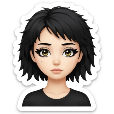 a pretty bratz fair girl with messy shaggy black hair with mascara smudged wearing a tight black tee sticker