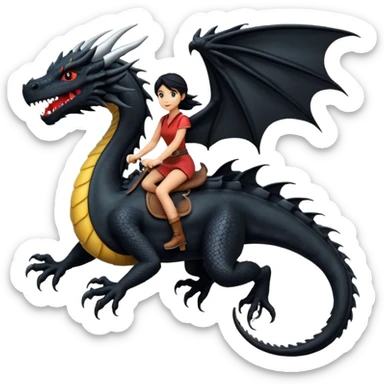 Extreme huge black dragon flying with a female rider on top of it sticker