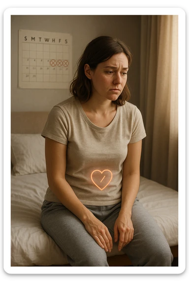 3D realistic medical illustration: a young woman in her 20s or 30s sits on the edge of a bed in a softly lit bedroom, looking thoughtful and slightly concerned. She wears comfortable loungewear, her posture is slouched, and her expression is subdued. Subtle visual cues—such as a faded calendar with missed menstrual cycles and a dimmed heart or energy icon near her abdomen—symbolize low libido and amenorrhea. The scene is realistic, intimate, and empathetic. sticker