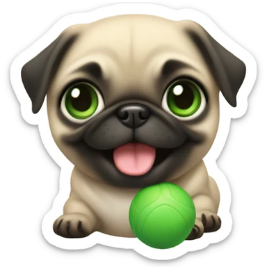Smiling Baby pug with green eyes playing with a green ball sticker