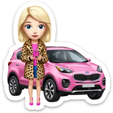 a blondie queen Arina in a leopard fur and pink iPhone on her kia Sportage car. blue eyes sticker