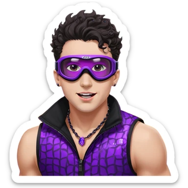 close-up of bad guy male athlete with white skin and moderately curly dark brown hair on top with shaved sides, wearing ski goggles with purple frames and very dark black lenses, a simple plain black chain necklace, and a completely unzipped sleeveless vest with purple and black sequin fire pattern design with no logo, pulling his tongue out very far in an exaggerated mocking gesture, looking menacing and villainous sticker
