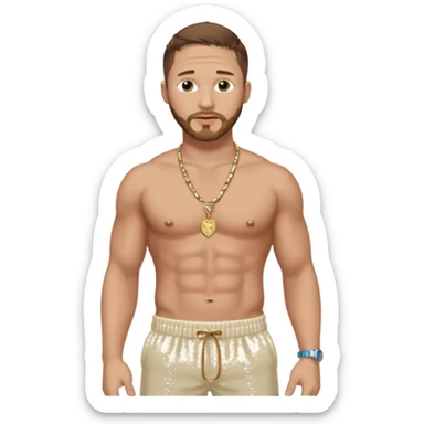 Tom Hardy with brown hair, cream sequin baggy pants, shirtless with necklace sticker