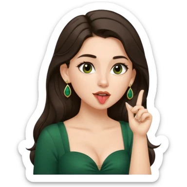 pretty bratz genmoji that looks like tamannah bhatia (bollywood actress), wearing a dark green sweetheart neckline top, dark brown hair, light makeup, no necklace, dangly earrings, SIDE hair part, fair. dark brown eyes, long hair

Show her licking her finger  sticker