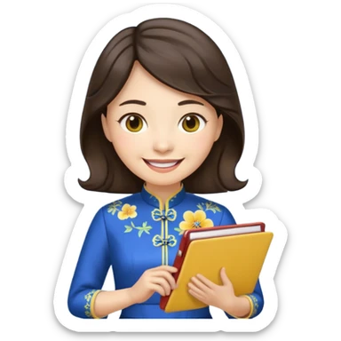 Teacher emoji but : wavy (not straight) dark brown hair, light skin, no glasses, dark eyes, with a computer folder in the hand (color is yellow), being a teacher, wearing a chinese qipao ( dark blue), smile with teeth




 sticker