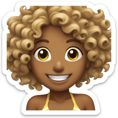 Tan girl with curly hair in a bikini on the beach having the best time of her life sticker