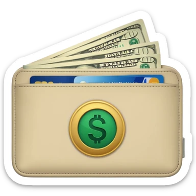 light beige wallet with visible dark green dollar dollar bills, minimalist, emoji style sticker