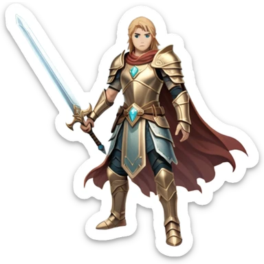 An icon representing an RPG, inspired by Elden Ring, featuring a lone warrior standing on a cliff overlooking a vast, mystical landscape. The design includes intricate armor, a glowing sword, and a majestic, otherworldly sky. Transparent background sticker