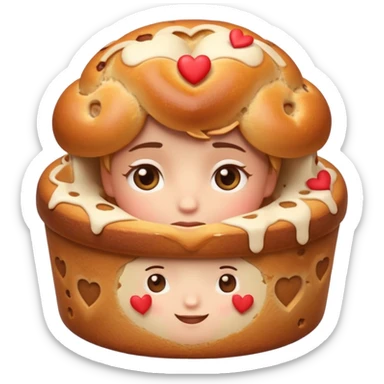 Apple-style emoji illustration of a cuteperson  with dreamy eyes thinking of a traditional panettone, small hearts floating around, soft 3D emoji style, smooth gradients, rounded shapes, warm festive colors, simple expression, centered composition, transparent background, no text. sticker
