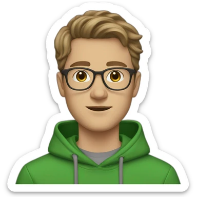 21 year old, white man, swooped brown hair, clear glasses, wide head, green hoodie sticker