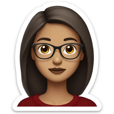 light skin, long straight dark brown hair, blue eyes, girl wearing aesthetic dark red sweater, glasses sticker