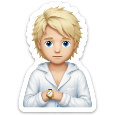 Create a look for a blond boy with long, tousled hair, light eyes, a white sweater, a wealthy appearance, blue eyes, and accessories like a Rolex or Cartier watch, and a cute face with messy hair down. blue eyes + + pajama white fluffy sticker