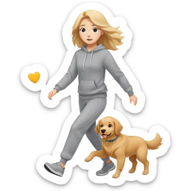 A beautiful girl with fair skin wearing a sweatshirt and sweatpants chasing a dog sticker