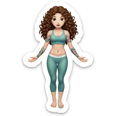 full body woman long curly brown hair brown eyes white skin tattoos muscular build lily pond spirit stance sticker