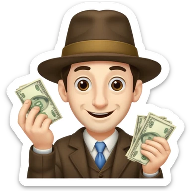 Jewish man with a big nose having his hands clenched together while smiling when he sees money , add the side curls and the funny hat  sticker