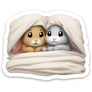 Two bunnies snuggling in bed under blanket while watching a movie sticker