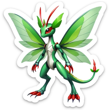  Cool Edgy Shiny Futuristic Ethereal Legendary Kartana-Digimon-Schyther-Flygon-hybrid full body with butterfly wings sticker