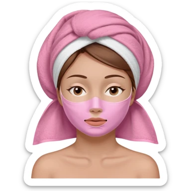 A woman with brown hair partially visible beneath a white towel wrapped around her head. Her face is covered with a pink skincare mask applied to the T-zone and cheeks. She has a calm, content expression with her eyes closed sticker