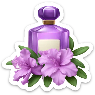 Aesthetic ensemble of soft purple azaleas alongside a charming vintage purple perfume bottle.
 sticker
