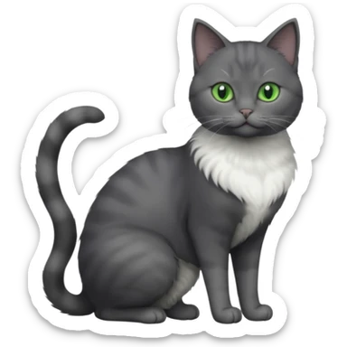 full body view of beautiful female solid dark grey cat with green eyes, grey face, white toes and white patch on chest sticker