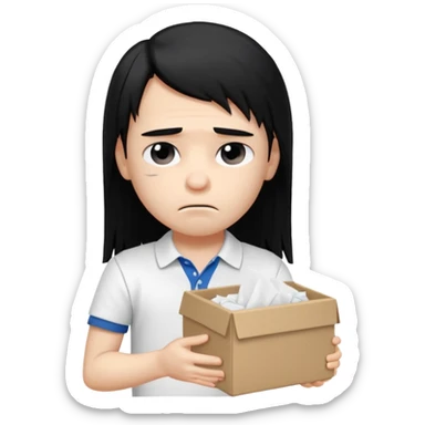 generate a pretty bratz boy with long black hair, wearing a white polo shirt. Looking sad, holding a box of tissues sticker