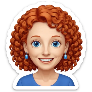 una profesora mayor simpática con el pelo rojo rizado, ojos azules, vestido azul y pendientes azules hablando altura completa sonriendo con los dientes sticker