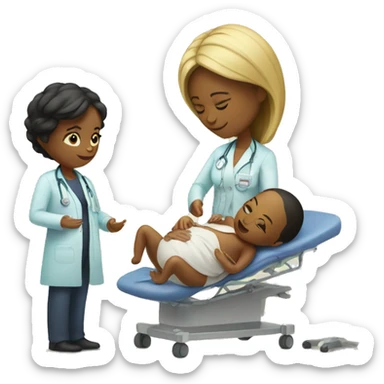 a woman gives birth and doctors stand nearby sticker