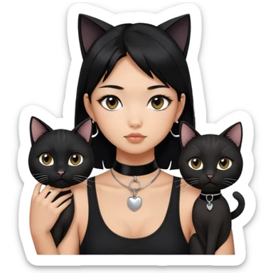 Asian girl, black hair.  Holding two BLACK cats with one cat has a round fat face. Both pure black.  The girl also wearing a black singlet, a black chocker, silver round hook earring, and wearing eyeliner.  sticker