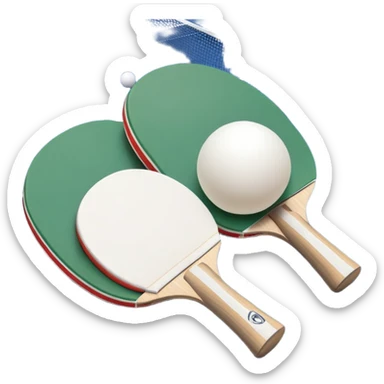 Two table tennis paddles crossed over a ping pong ball, placed on a smooth, reflective table. The background suggests a clean, minimalist playing surface, capturing the precision and fast-paced nature of the sport. sticker