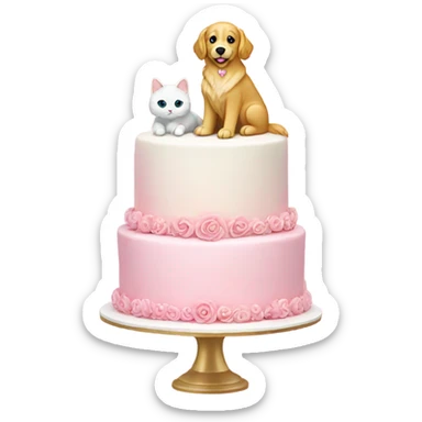 pink wedding cake with a golden retriever and white cat figures on top  sticker