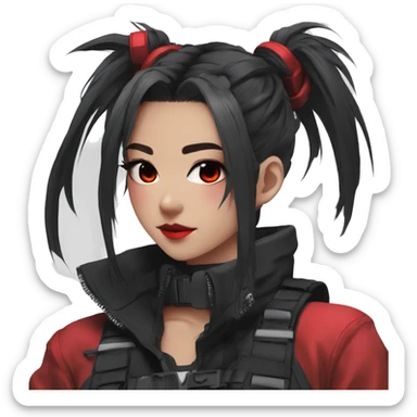 Gorgeous techwear anime style lady with blushing face aesthetic and pretty edgy black red punk messy ponytail with collar and harness trending style sticker
