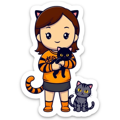 tan brown-haired girl holding two cats, one black cat and one orange tiger-striped cat sticker