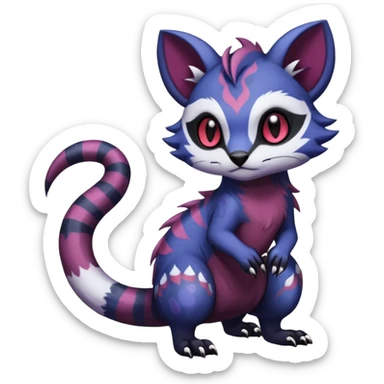 Rare warm-colored exotic gloomy tropical edgy cute epic aesthetic spooky indigo purple white black red gothic colorful Salandit-Furret-Espurr-Meowstic-Civet-species-Fakemon-hybrid-creature, with tribal tattoo markings, full body sticker