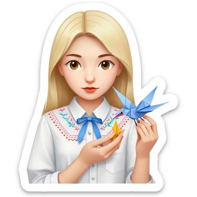 Ukrainian young girl in a white embroidered shirt holds an origami crane sticker