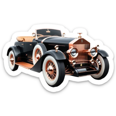 Dark black Bare bones streamlined sporty (stripped down) hot rodded engine rose gold and woody sporty 1932 Rolls Royce with futuristic electric spaceship plasma neon glowing motors and lightening dynamos with wide racing wheels that are held strong by advanced suspension and steering sticker