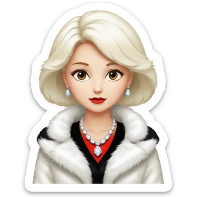* Character: A stylish lady
* ﻿﻿Clothing: A luxurious white fur coat
* ﻿﻿Accessories: A dazzling diamond necklace
* ﻿﻿Expression: Confident, elegant, maybe slightly glamorous
* ﻿﻿Pose: Head slightly tilted or a poised posture
* ﻿﻿Style: Emoji-like, simple but expressive sticker