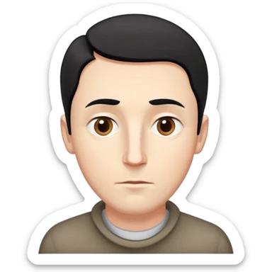Hombre blanco, cabello chino corto, nariz ligeramente curva, lunar en mejilla derecha, cicatriz en la frente, cabeza ligeramente grande, frente ligeramente grande, ojos almendrados, cara hexagonal alargada,  sticker