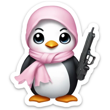 cute penguin wearing light pink bow scarf not on head and holding light pink gun  sticker